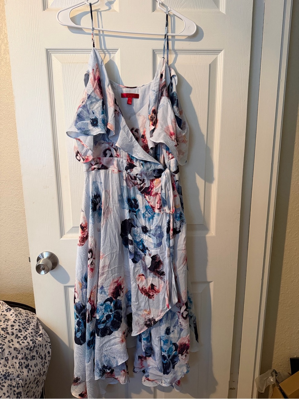 Jennifer Lopez Floral Wrap Midi Dress in Light Blue with Navy & Pink Blooms